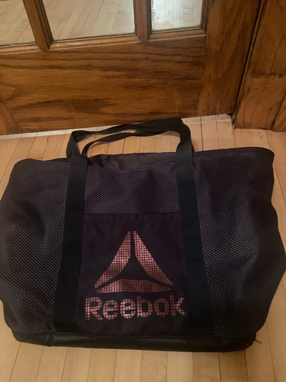 Reebok Black Mesh Duffel Tote with Pink Logo